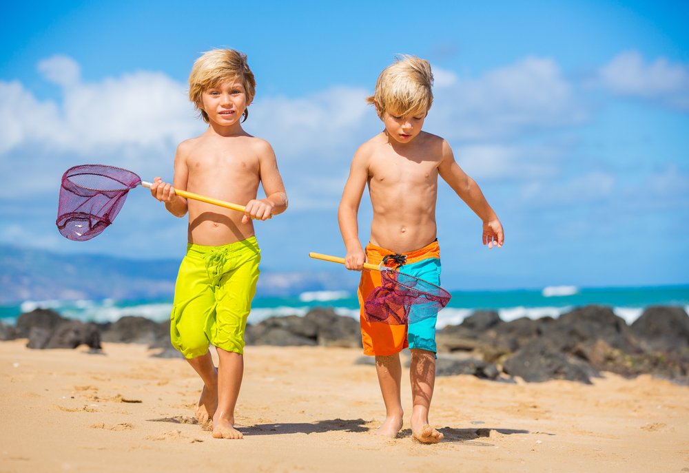 Two young blond haired boys with nets on the sand at Baldwin Beach